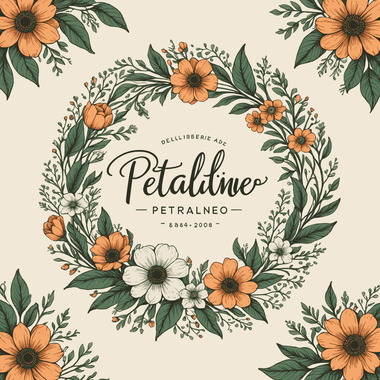 Ręcznie rysowane logo Petalineo z eleganckimi kwiatowymi elementami