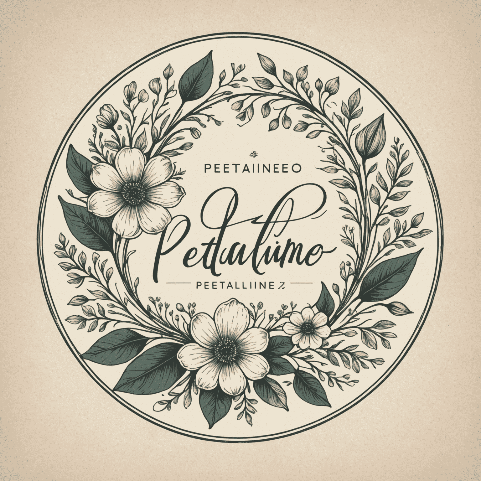 Ręcznie rysowane logo Petalineo z eleganckimi kwiatowymi elementami